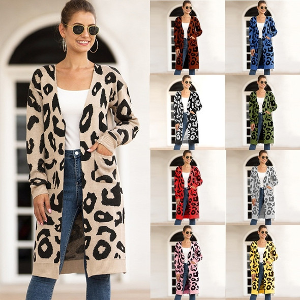 Fashion Long Style Leopard Cardigan Knit Sweater (Color:Black Size:M)