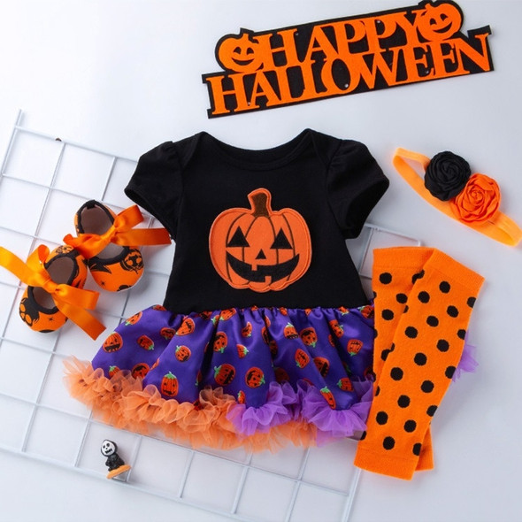 Halloween Baby Short-sleeved Cartoon Print Romper Dress Baby Mesh Dress Tutu Skirt (Color:Multiple Pumpkins Size:80)