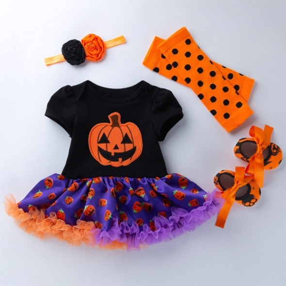 Halloween Baby Short-sleeved Cartoon Print Romper Dress Baby Mesh Dress Tutu Skirt (Color:Multiple Pumpkins Size:80)