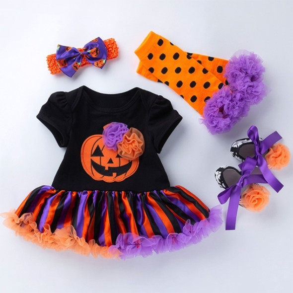 Halloween Baby Short-sleeved Cartoon Print Romper Dress Baby Mesh Dress Tutu Skirt (Color:Flower Pumpkin Size:80)