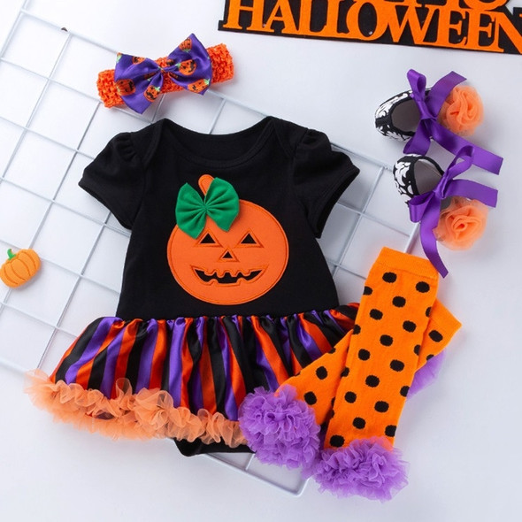 Halloween Baby Short-sleeved Cartoon Print Romper Dress Baby Mesh Dress Tutu Skirt (Color:Bow Pumpkin Size:66)