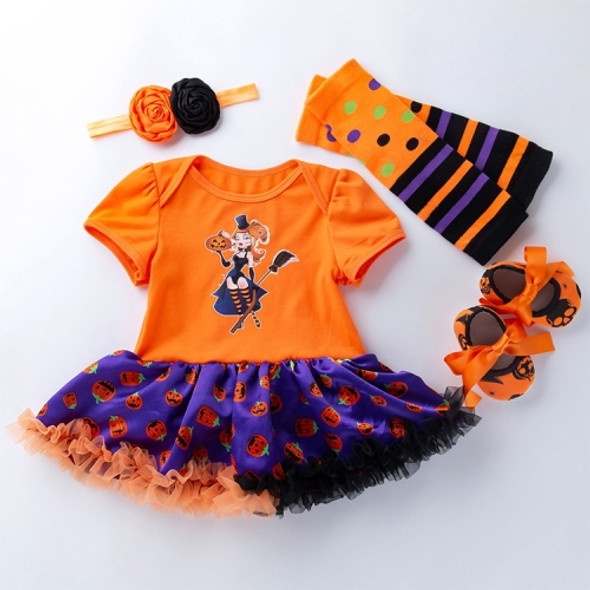 Halloween Baby Short-sleeved Cartoon Print Romper Dress Baby Mesh Dress Tutu Skirt (Color:Pumpkin Witch Size:73)