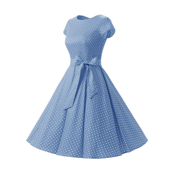 Dot Short Sleeve Mid-length Dress (Color:Light Blue Size:L)