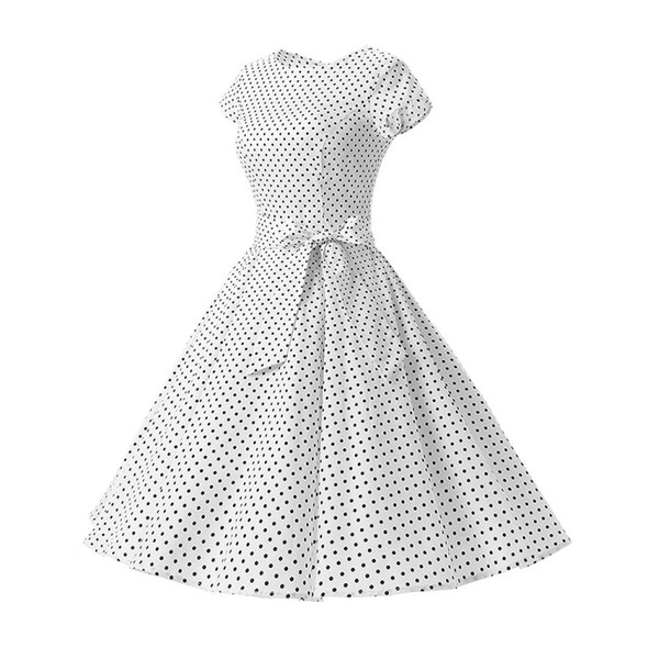 Dot Short Sleeve Mid-length Dress (Color:White Size:XXL)