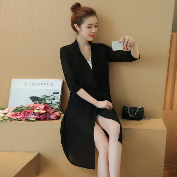 Women Mid-length Chiffon Shawl Cardigan Waist Sunscreen Coat (Color:Black Size:S)