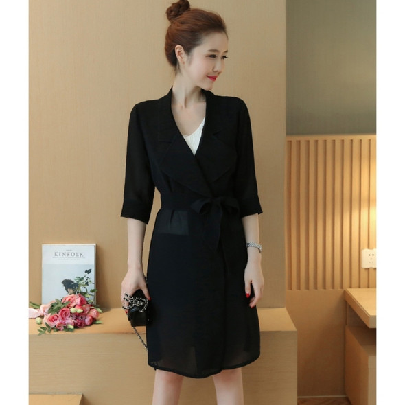 Women Mid-length Chiffon Shawl Cardigan Waist Sunscreen Coat (Color:Black Size:M)