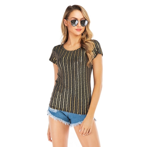 Gold Vertical Stripes Printed Short-sleeved T-shirt Female Summer New Slim Round Neck Wild Shirt (Color:Gold Size:M)