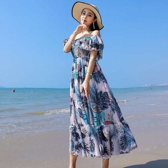 One-line Slim Slimming Printed Long Bohemian Dress Seaside Vacation Beach Skirt (Color:Blue Size:M)