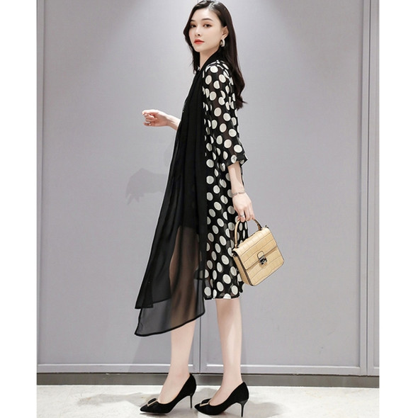 Women Chiffon Cardigan Mid-length Shawl Coat (Color:Black White Size:XXXXL)