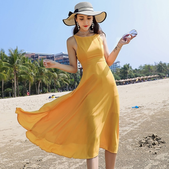 Vest Solid Color Long Skirt Seaside Travel Vacation Beach Skirt Chiffon Slim Elegant Dress (Color:Orange Size:M)