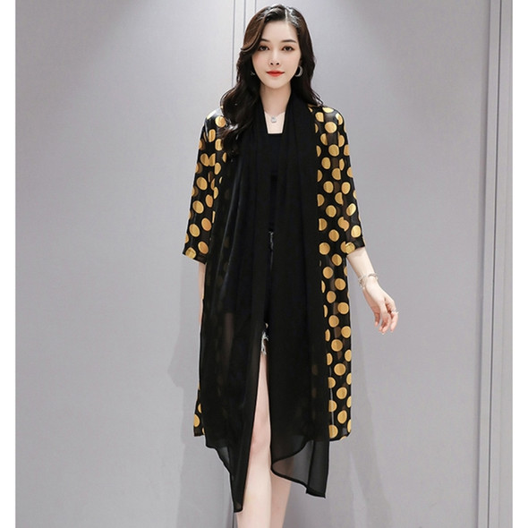 Women Chiffon Cardigan Mid-length Shawl Coat (Color:Black Yellow Size:XXXXL)