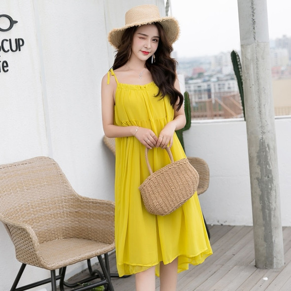 Refreshing Suspender Dress Slim Slimming Chiffon Mid-length Skirt Beach Vacation Beach Skirt (Color:Yellow Size:M)