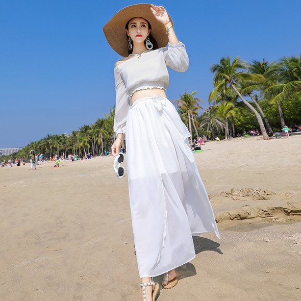 Lantern Sleeve Slim Chiffon Two-piece Dress Seaside Vacation Travel Beach Skirt (Color:White Size:L)
