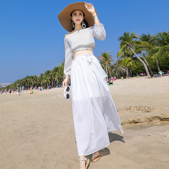 Lantern Sleeve Slim Chiffon Two-piece Dress Seaside Vacation Travel Beach Skirt (Color:White Size:XL)