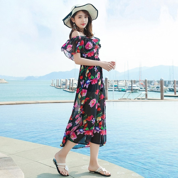 One-line Slim Slimming Printed Long Bohemian Dress Seaside Vacation Beach Skirt (Color:Black Size:XL)