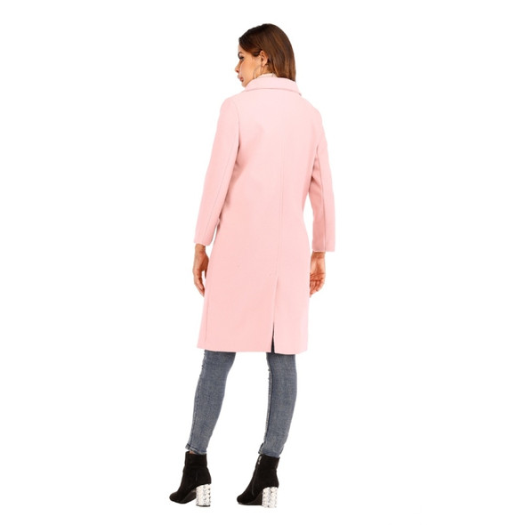 Women Solid Color Long Sleeve Woolen Coat (Color:Pink Size:XL)