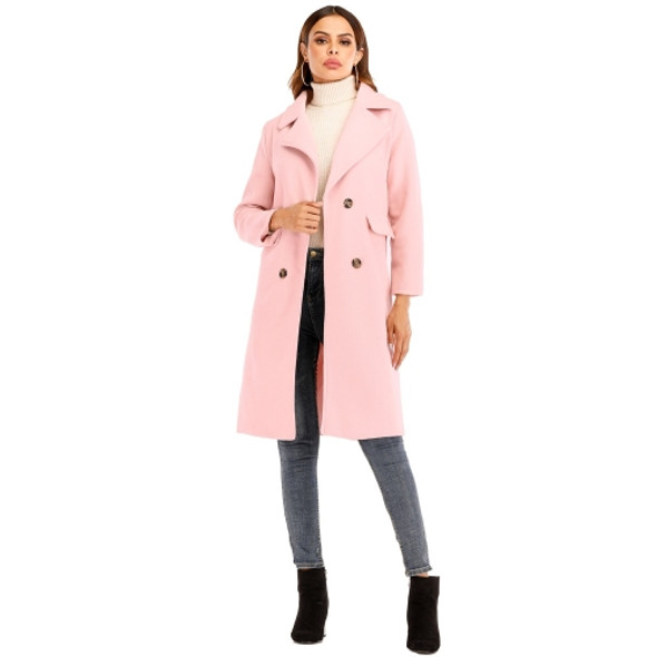 Women Solid Color Long Sleeve Woolen Coat (Color:Pink Size:M)