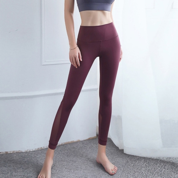 Double Sided Brocade Nude Fitness Pants Mesh Stitching High Waist Yoga Pants (Color:Black Cherry Size:XL)