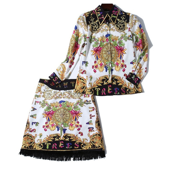 Beaded Print Lapel Shirt + Slim Fringed Hem Skirt Set (Color:As Show Size:XL)