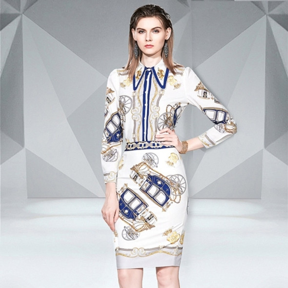 Printed Lapel Beaded Shirt + Skirt Suit (Color:As Show Size:L)