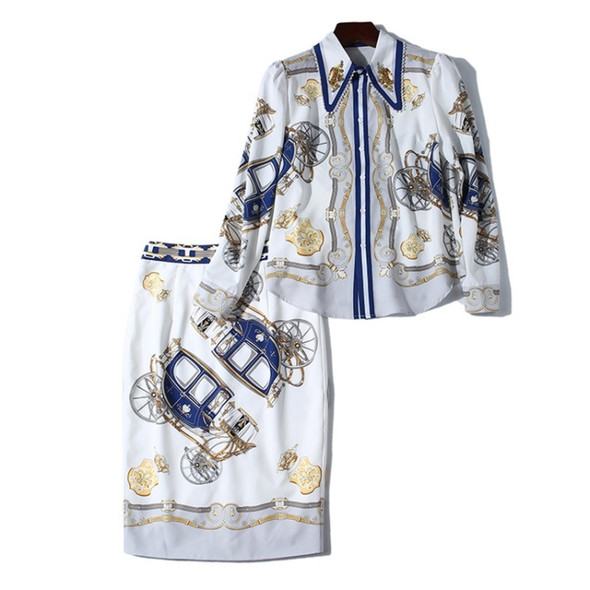 Printed Lapel Beaded Shirt + Skirt Suit (Color:As Show Size:L)