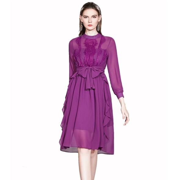 Lace-up Slim Lace Dress (Color:Purple Size:XL)