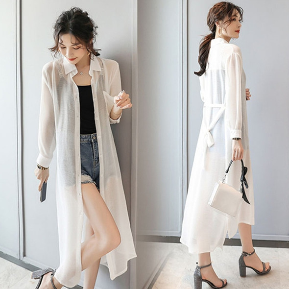 Women Chiffon Sunscreen Mid-length Cardigan Thin Coat (Color:White Size:XXL)