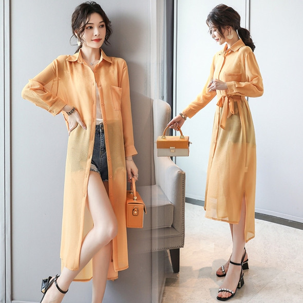 Women Chiffon Sunscreen Mid-length Cardigan Thin Coat (Color:Orange Size:M)