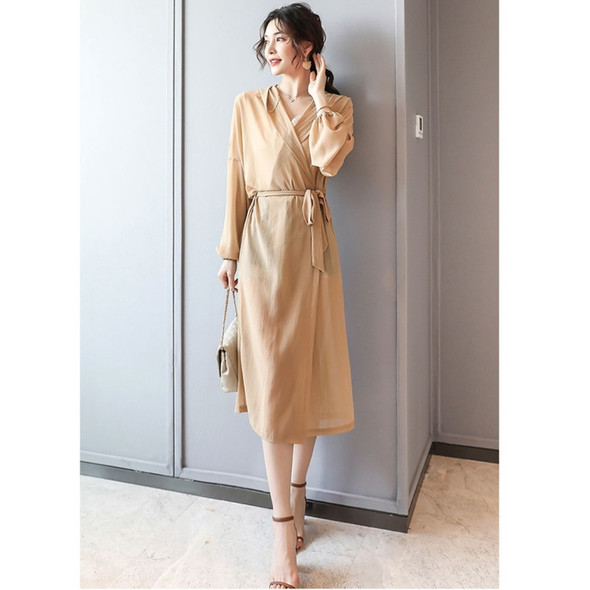 Women Hooded Sunscreen Mid-length Chiffon Cardigan (Color:Khaki Size:S)