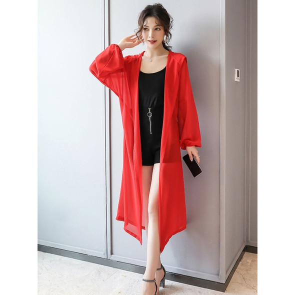 Women Hooded Sunscreen Mid-length Chiffon Cardigan (Color:Red Size:XXXL)