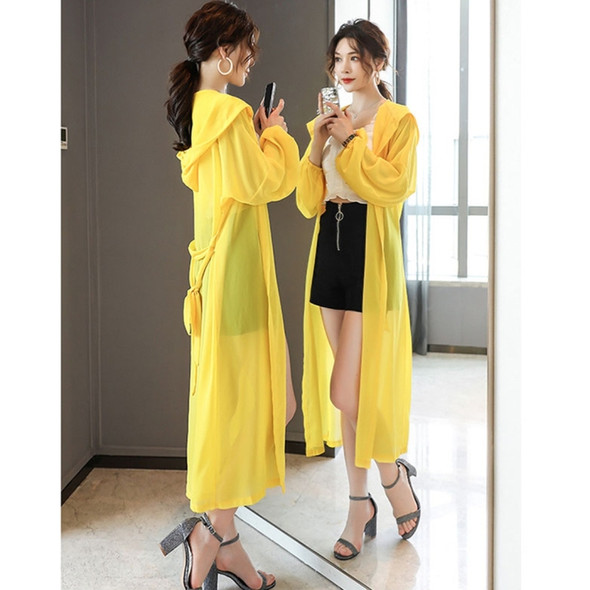 Women Hooded Sunscreen Mid-length Chiffon Cardigan (Color:Yellow Size:S)