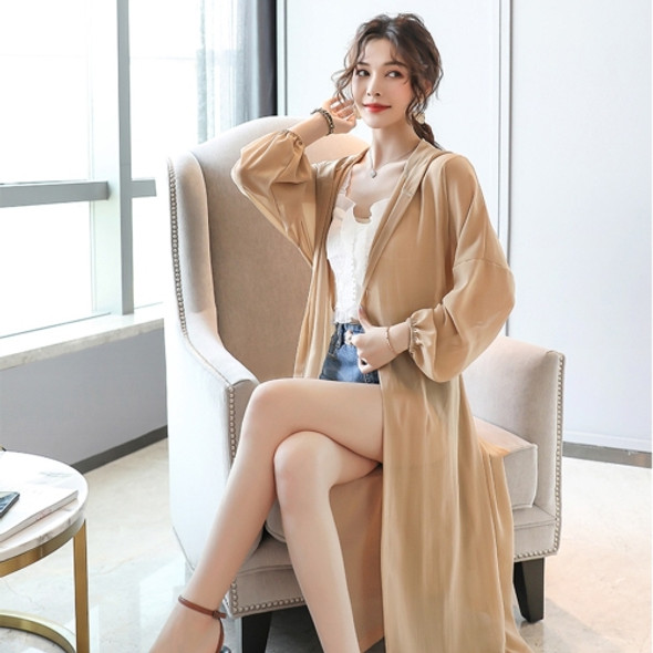 Women Hooded Sunscreen Mid-length Chiffon Cardigan (Color:Khaki Size:M)