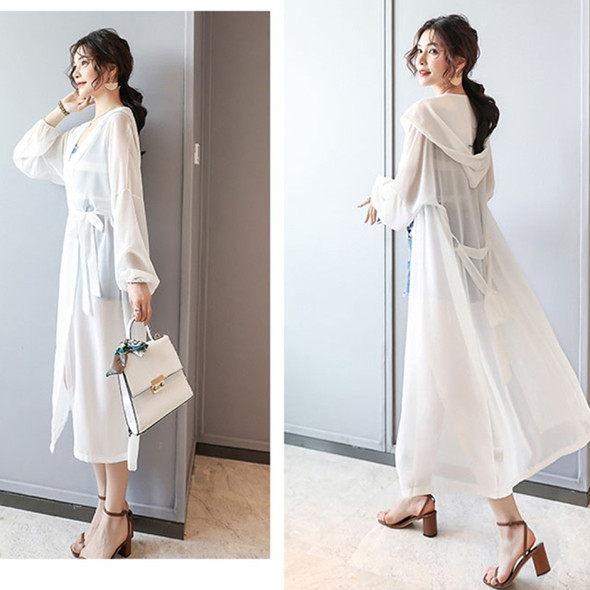 Women Hooded Sunscreen Mid-length Chiffon Cardigan (Color:White Size:XL)
