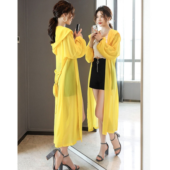 Women Hooded Sunscreen Mid-length Chiffon Cardigan (Color:Yellow Size:XXL)