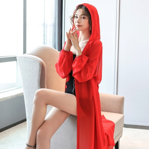Women Hooded Sunscreen Mid-length Chiffon Cardigan (Color:Red Size:L)