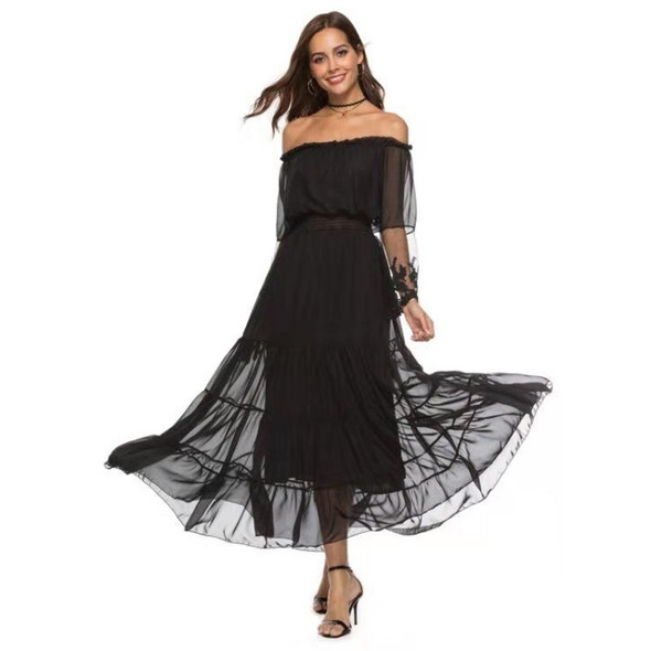 Elegant Sexy Lace Stitching Off-the-shoulder Dress Beach Skirt Chiffon Long Skirt (Color:Black Size:L)