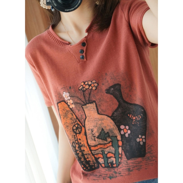 V-neck Printed Knitted Short-sleeved Loose Bottoming Shirt (Color:Red Size:Free Size)