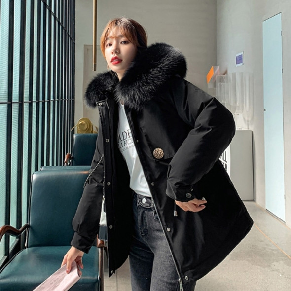 Large Fur Collar Down Jacket Parker Coat Loose Coat (Color:Black Size:L)