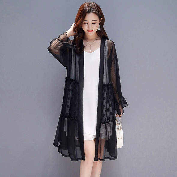 Women Long-sleeved Chiffon Cardigan Sunscreen Loose and Thin Coat (Color:Black Size:XXL)