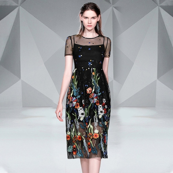 Mesh Slim Embroidered Dress (Color:Black Size:XXL)