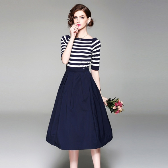 Off-shoulder Striped Knit T-shirt + Skirt Two-piece Suit (Color:Dark Blue Size:XXL)