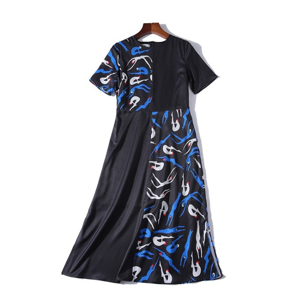 Printed Color Matching Loose Dress (Color:Black Blue Size:M)
