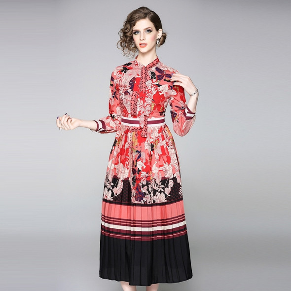 Printed Slim-fit Midi Dress (Color:Red Size:XXL)