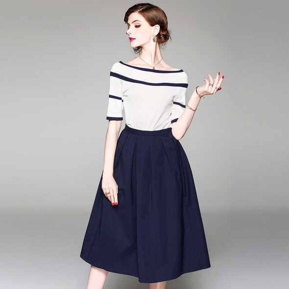 Off-the-shoulder Knit Coat + Skirt Two-piece Suit (Color:As Show Size:M)