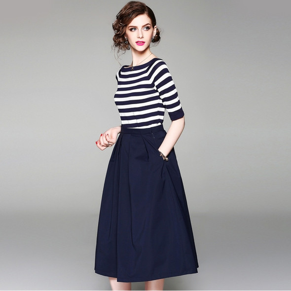 Off-shoulder Striped Knit T-shirt + Skirt Two-piece Suit (Color:Dark Blue Size:S)
