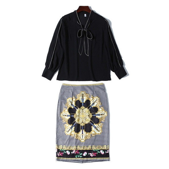 Lace Collar Long Sleeve Shirt Plaid Printed Hip Skirt Set (Color:Black Size:L)