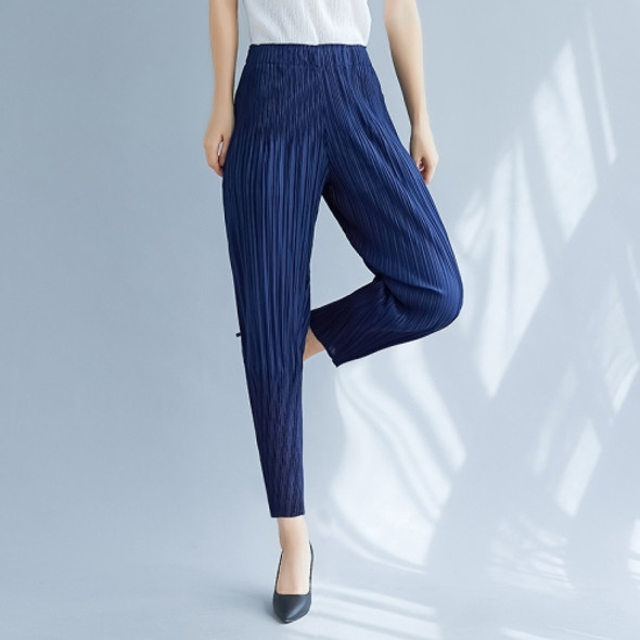 Pleated High Waist Slimming Carrot Harem Pants Casual Pants (Color:Navy Blue Size:Free Size)