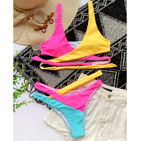 Cross Color Block Bikini Split Strap Swimsuit (Color:Red+Yellow Size:S)