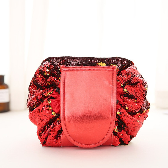 Large Capacity Lazy Cosmetic Bag Sequin Makeup Bag Drawstring Storage Bag(Red Gold)