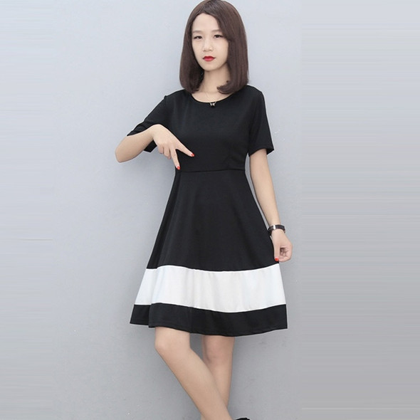 Mid-length Slim A-line Dress (Color:Black And White Stitching Size:M)